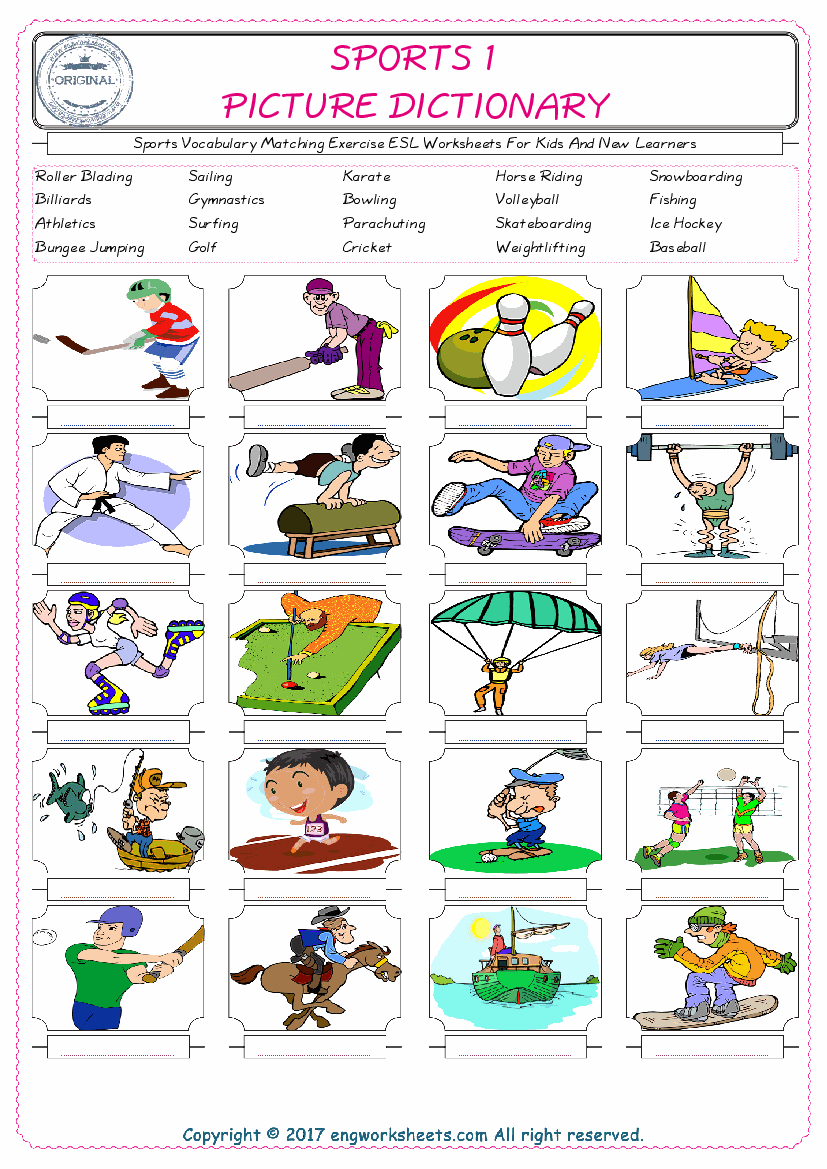  Sports for Kids ESL Word Matching English Exercise Worksheet. 